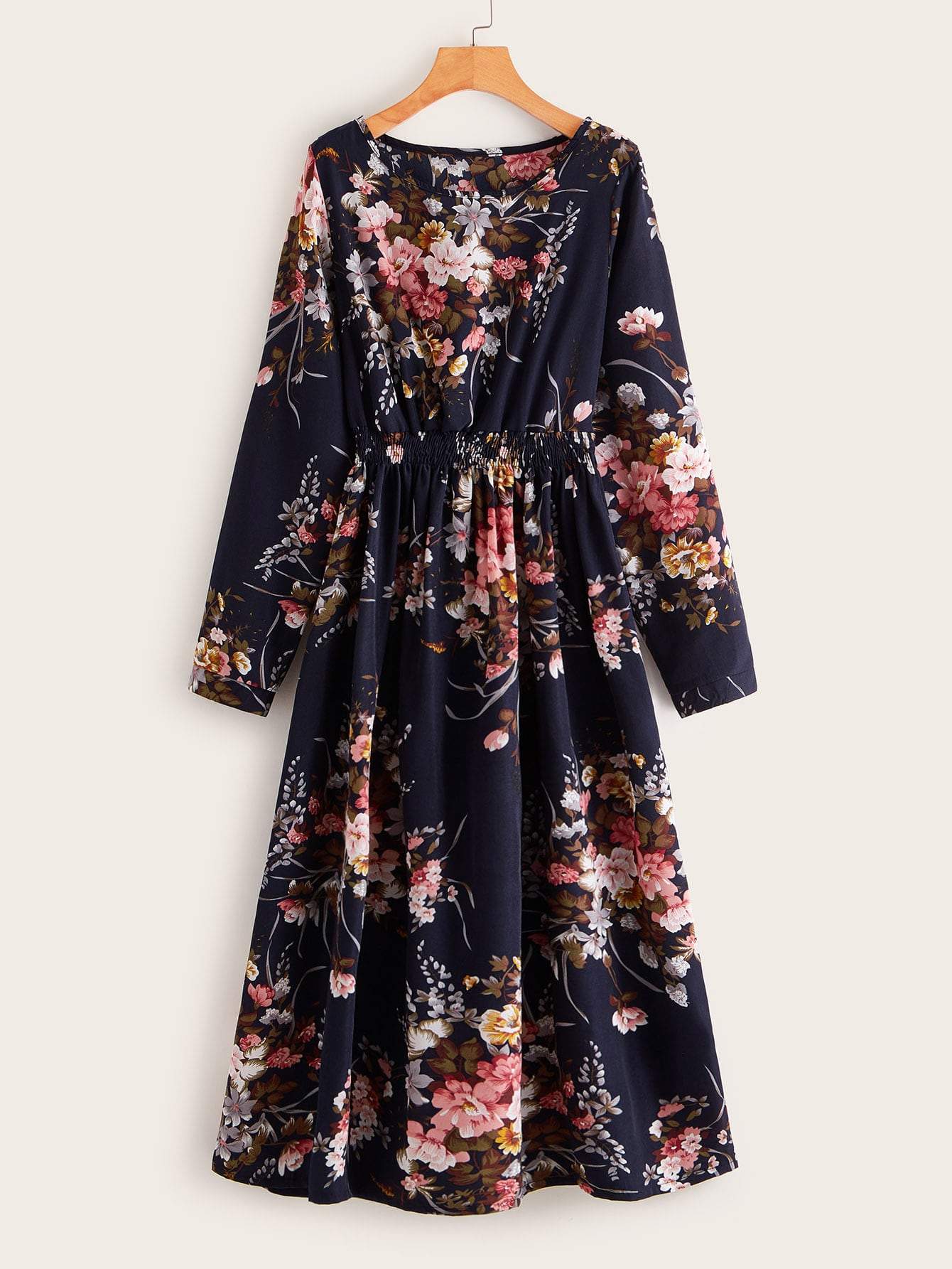 Shein- Floral Print Shirred Waist Dress ...